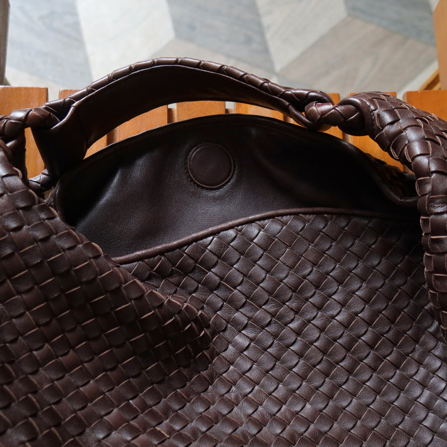 Bottega Veneta Vintage Dark Brown Intrecciato Flap Hobo Shoulder Bag