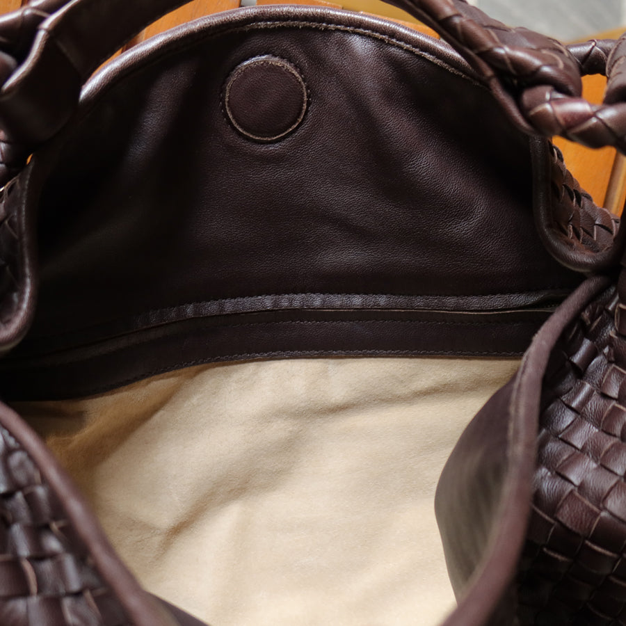 Bottega Veneta Vintage Dark Brown Intrecciato Flap Hobo Shoulder Bag