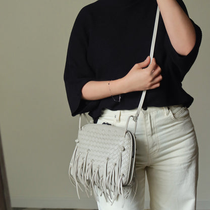Bottega Veneta Vintage Off White Intrecciato Leather Knot Fringe Crossbody Bag