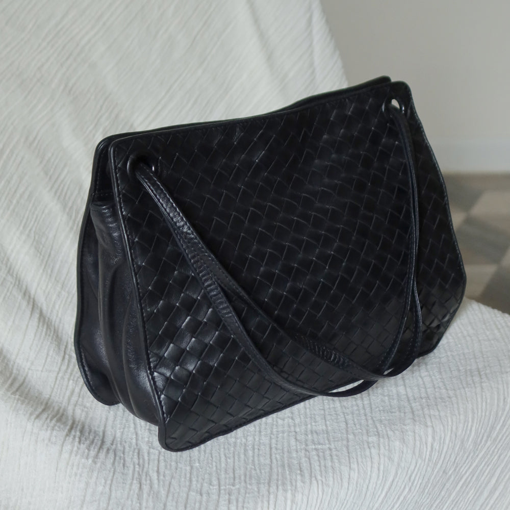 Bottega Veneta Vintage Black Leather Intrecciato Weave 3way Shoulder Bag