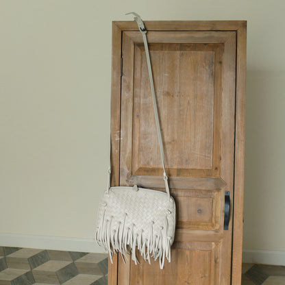 Bottega Veneta Vintage Off White Intrecciato Leather Knot Fringe Crossbody Bag