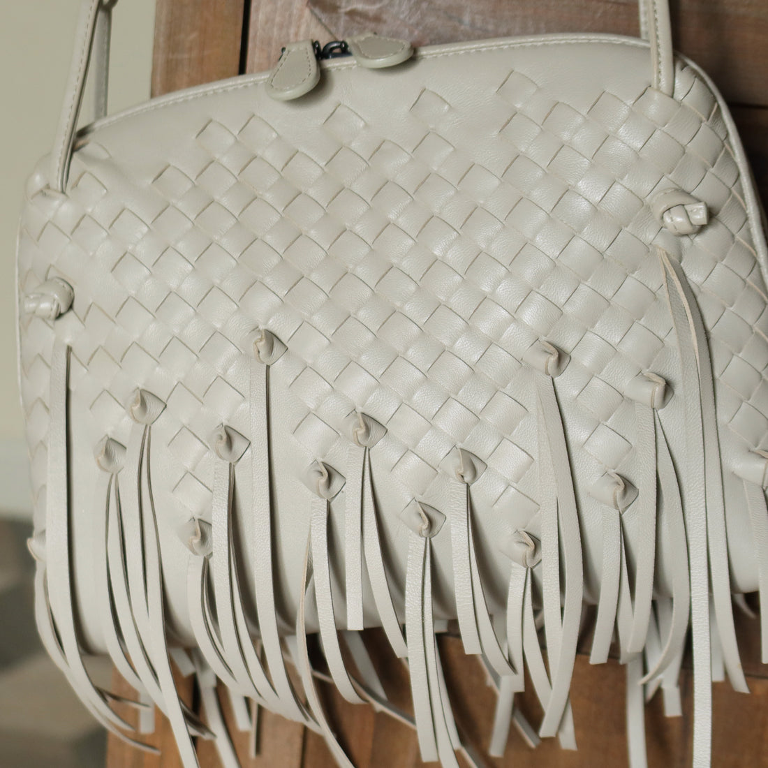 Bottega Veneta Vintage Off White Intrecciato Leather Knot Fringe Crossbody Bag