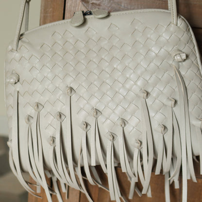 Bottega Veneta Vintage Off White Intrecciato Leather Knot Fringe Crossbody Bag