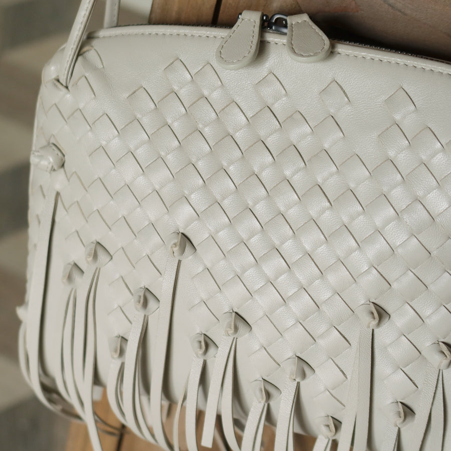 Bottega Veneta Vintage Off White Intrecciato Leather Knot Fringe Crossbody Bag