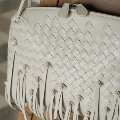 Bottega Veneta Vintage Off White Intrecciato Leather Knot Fringe Crossbody Bag