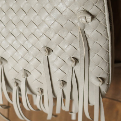Bottega Veneta Vintage Off White Intrecciato Leather Knot Fringe Crossbody Bag