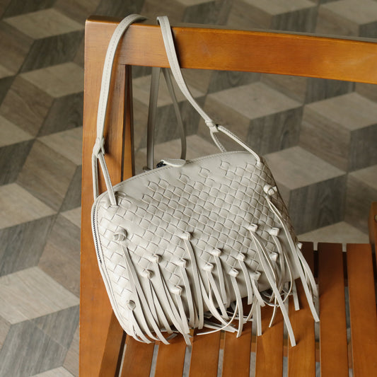 Bottega Veneta Vintage Off White Intrecciato Leather Knot Fringe Crossbody Bag