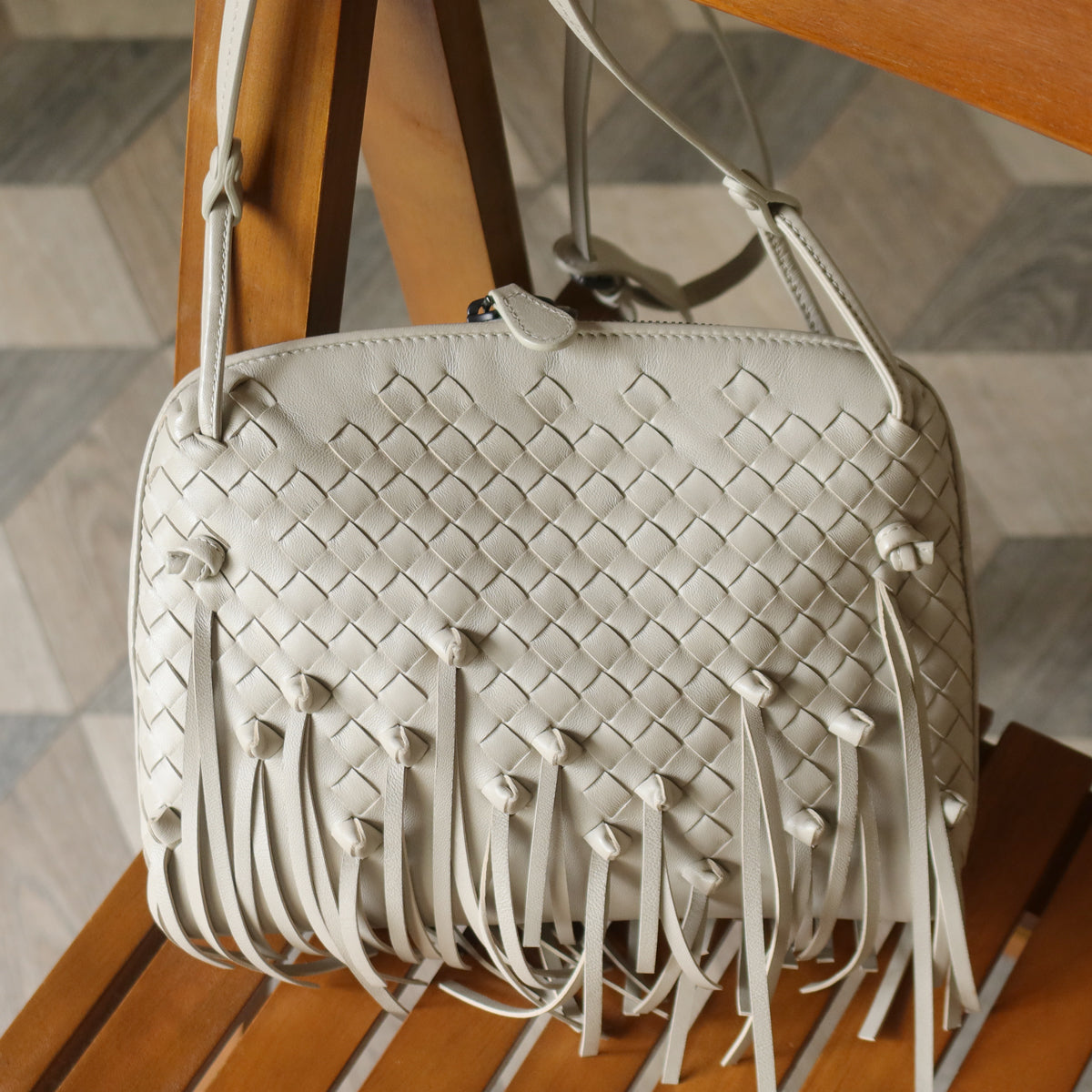 Bottega Veneta Vintage Off White Intrecciato Leather Knot Fringe Crossbody Bag