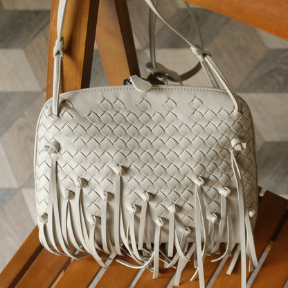 Bottega Veneta Vintage Off White Intrecciato Leather Knot Fringe Crossbody Bag