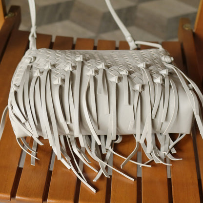 Bottega Veneta Vintage Off White Intrecciato Leather Knot Fringe Crossbody Bag