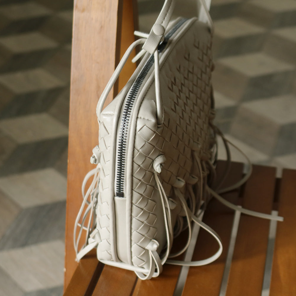 Bottega Veneta Vintage Off White Intrecciato Leather Knot Fringe Crossbody Bag