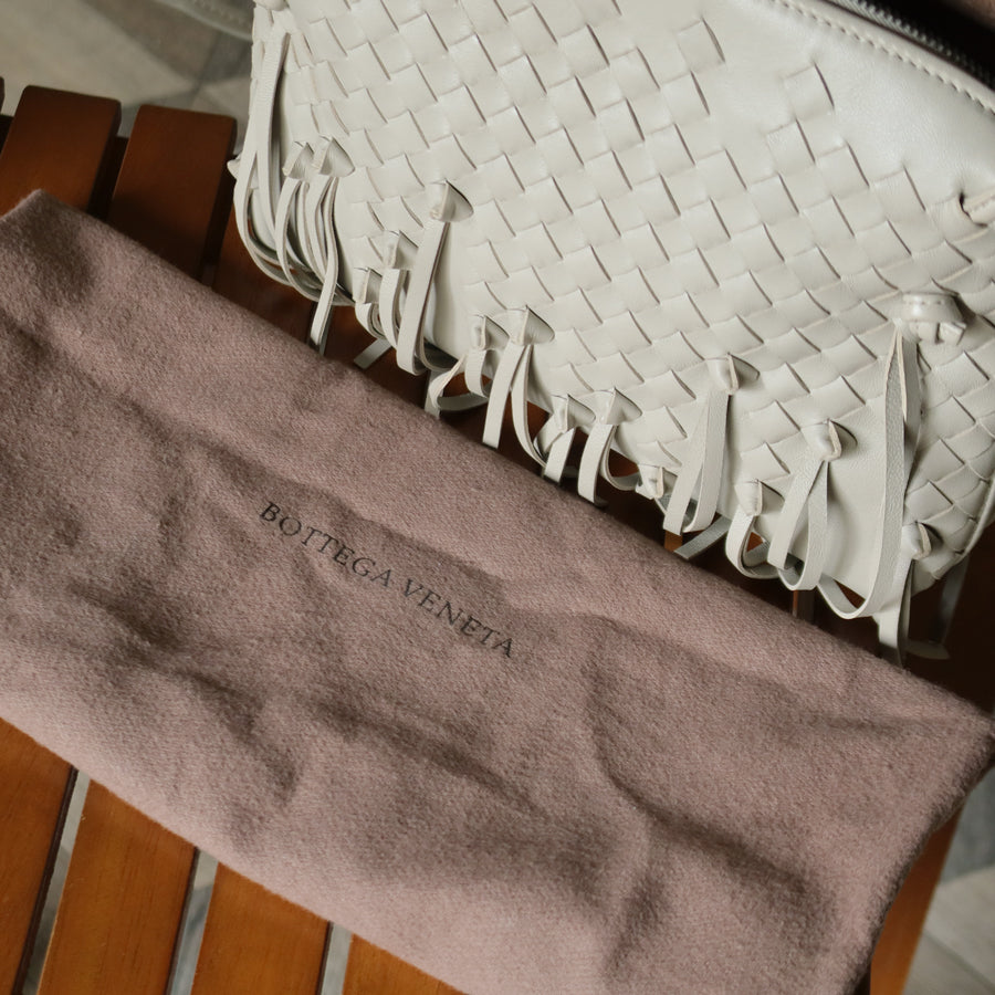 Bottega Veneta Vintage Off White Intrecciato Leather Knot Fringe Crossbody Bag