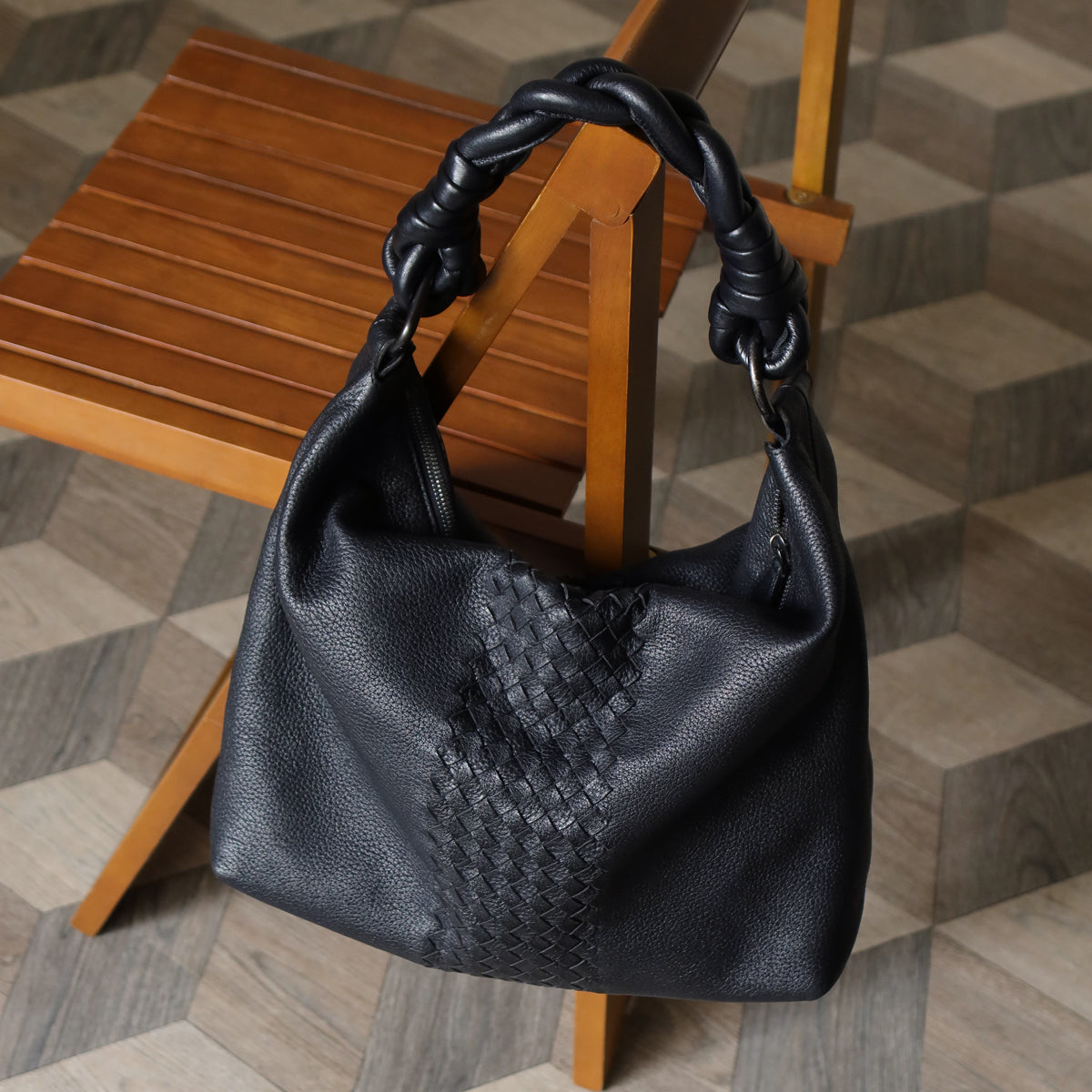 Bottega Veneta Vintage Black Intrecciato Leather Twisted Strap Hobo Shoulder Bag