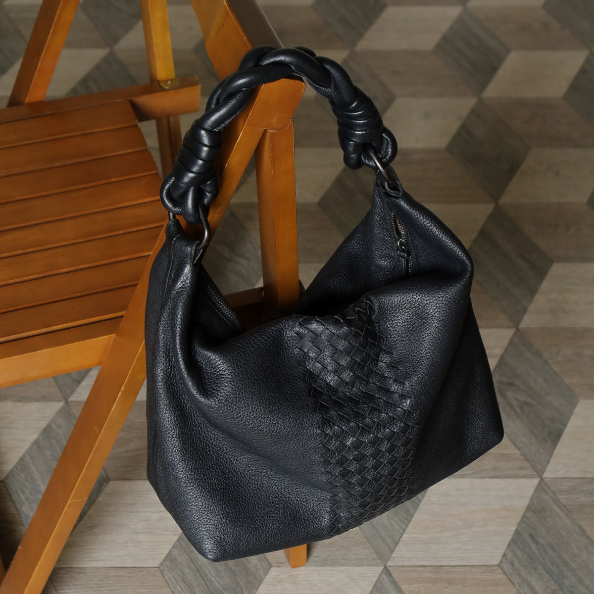 Bottega Veneta Vintage Black Intrecciato Leather Twisted Strap Hobo Shoulder Bag
