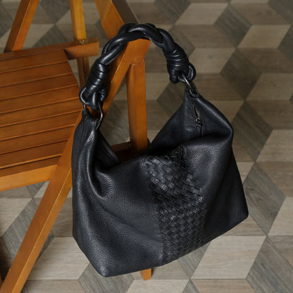 Bottega Veneta Vintage Black Intrecciato Leather Twisted Strap Hobo Shoulder Bag
