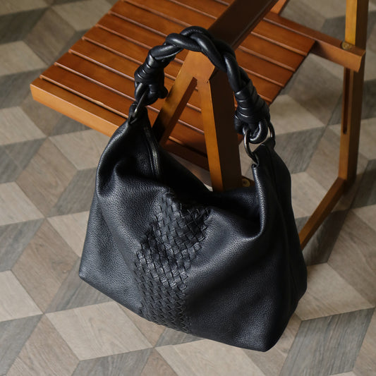 Bottega Veneta Vintage Black Intrecciato Leather Twisted Strap Hobo Shoulder Bag