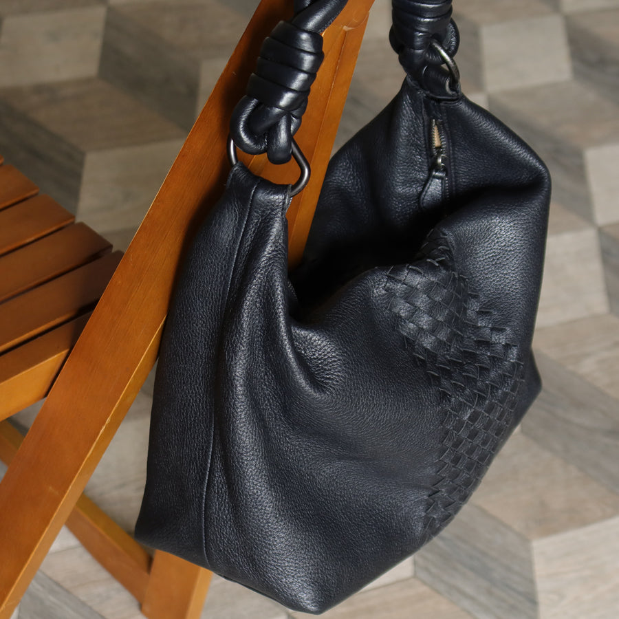 Bottega Veneta Vintage Black Intrecciato Leather Twisted Strap Hobo Shoulder Bag