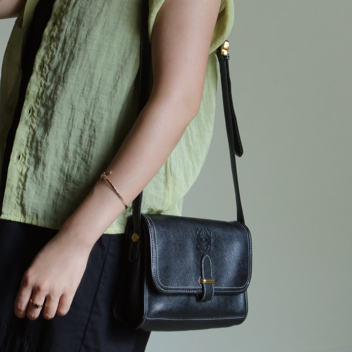 Loewe Vintage Black Grained Leather Anagram Crossbody Flap Bag