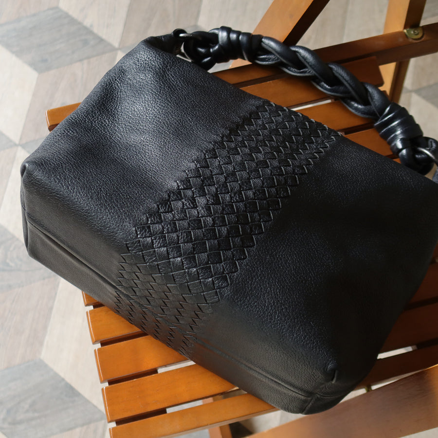 Bottega Veneta Vintage Black Intrecciato Leather Twisted Strap Hobo Shoulder Bag