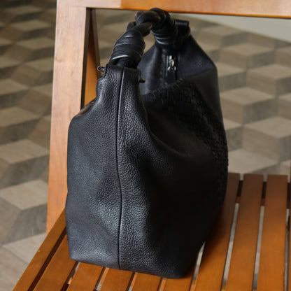 Bottega Veneta Vintage Black Intrecciato Leather Twisted Strap Hobo Shoulder Bag