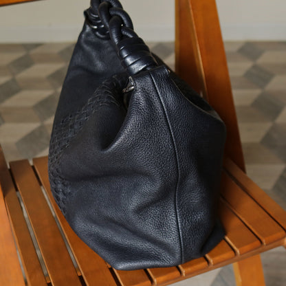 Bottega Veneta Vintage Black Intrecciato Leather Twisted Strap Hobo Shoulder Bag