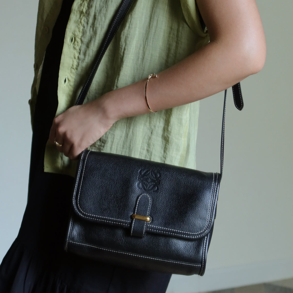 Loewe Vintage Black Grained Leather Anagram Crossbody Flap Bag
