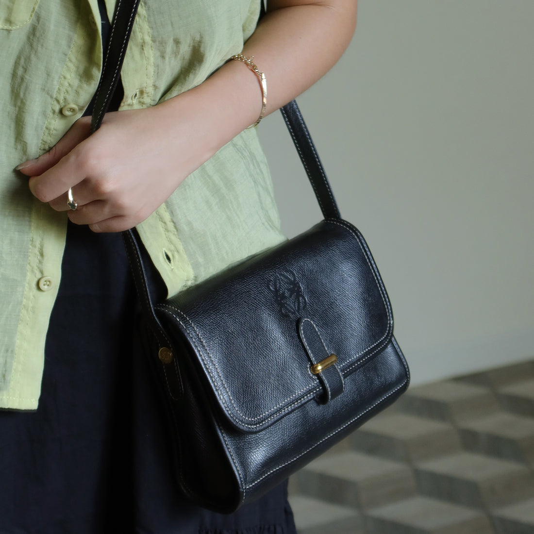 Loewe Vintage Black Grained Leather Anagram Crossbody Flap Bag