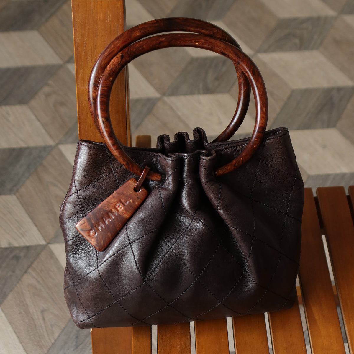 Chanel Vintage Dark Brown Lambskin Leather Quilted Weekend Bag