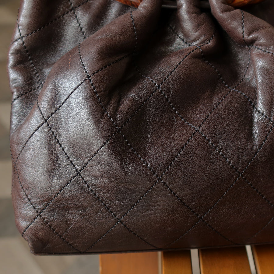 Chanel Vintage Dark Brown Lambskin Leather Quilted Weekend Bag