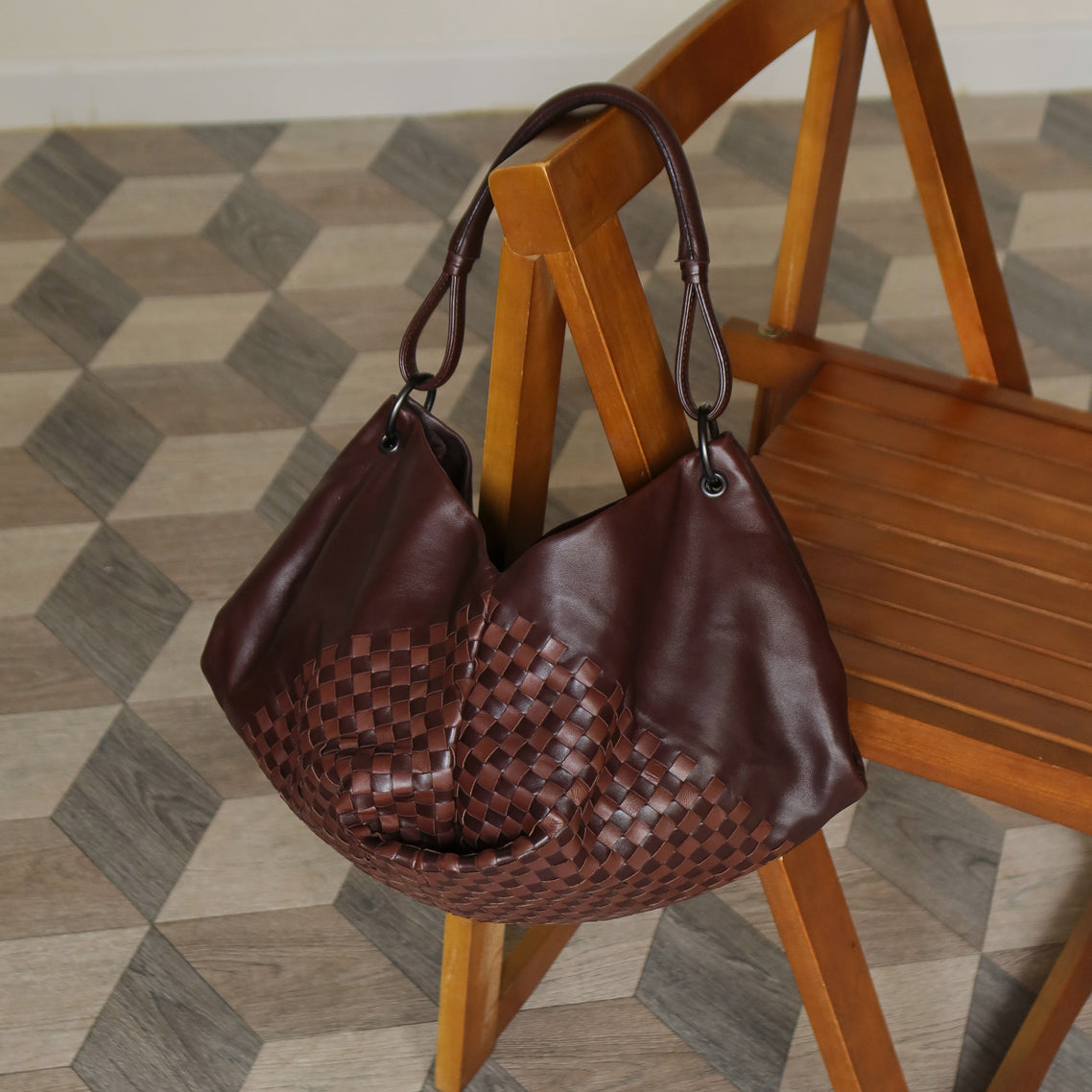 Rare Bottega Veneta Brown Dual tone Intrecciato Weave Shoulder Bag