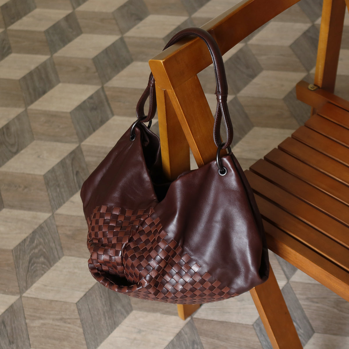 Rare Bottega Veneta Brown Dual tone Intrecciato Weave Shoulder Bag