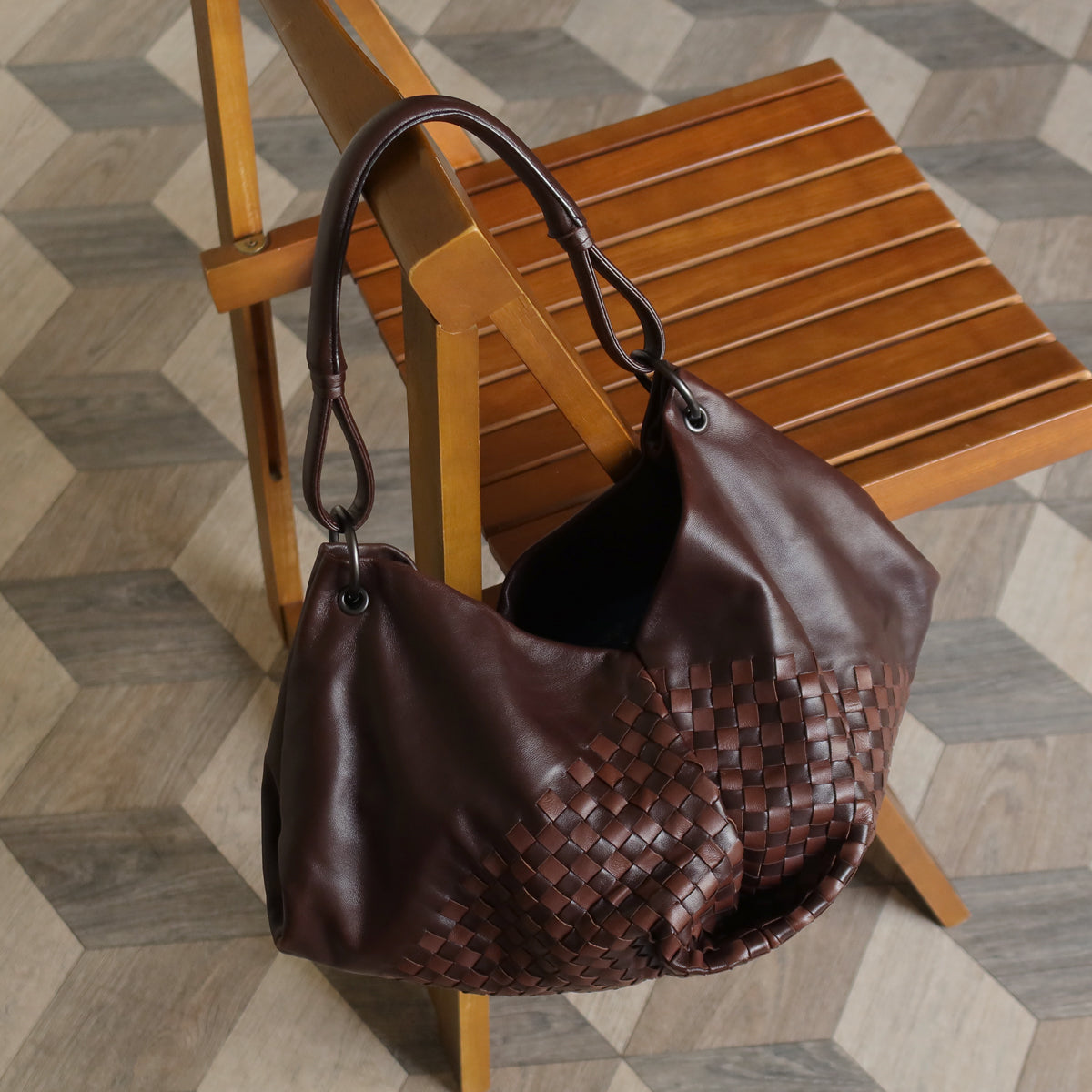 Rare Bottega Veneta Brown Dual tone Intrecciato Weave Shoulder Bag