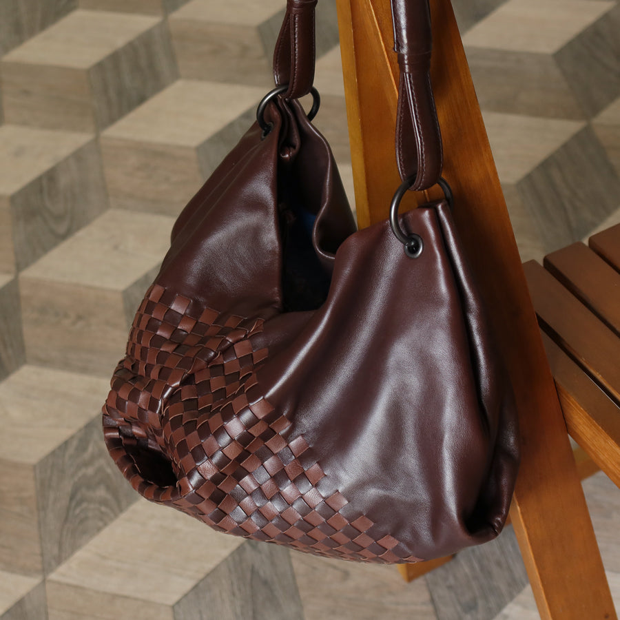 Rare Bottega Veneta Brown Dual tone Intrecciato Weave Shoulder Bag