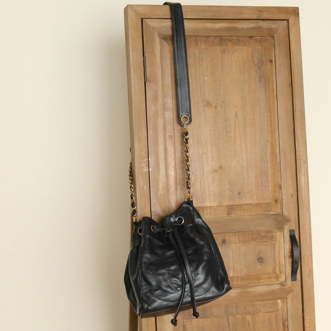 Chanel Vintage Black Lambskin Coco mark Crossbody Bucket Shoulder Bag