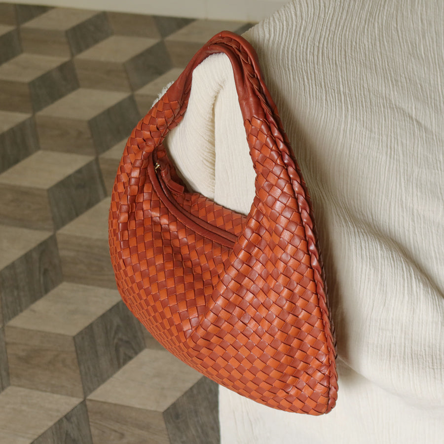 Rare Bottega Veneta Burnt Coral Orange Dual tone Intrecciato Weave Veneta Hobo Bag