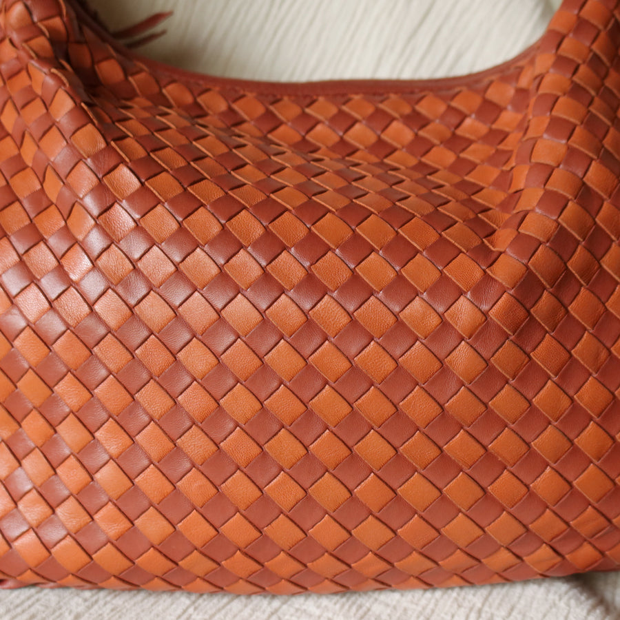 Rare Bottega Veneta Burnt Coral Orange Dual tone Intrecciato Weave Veneta Hobo Bag