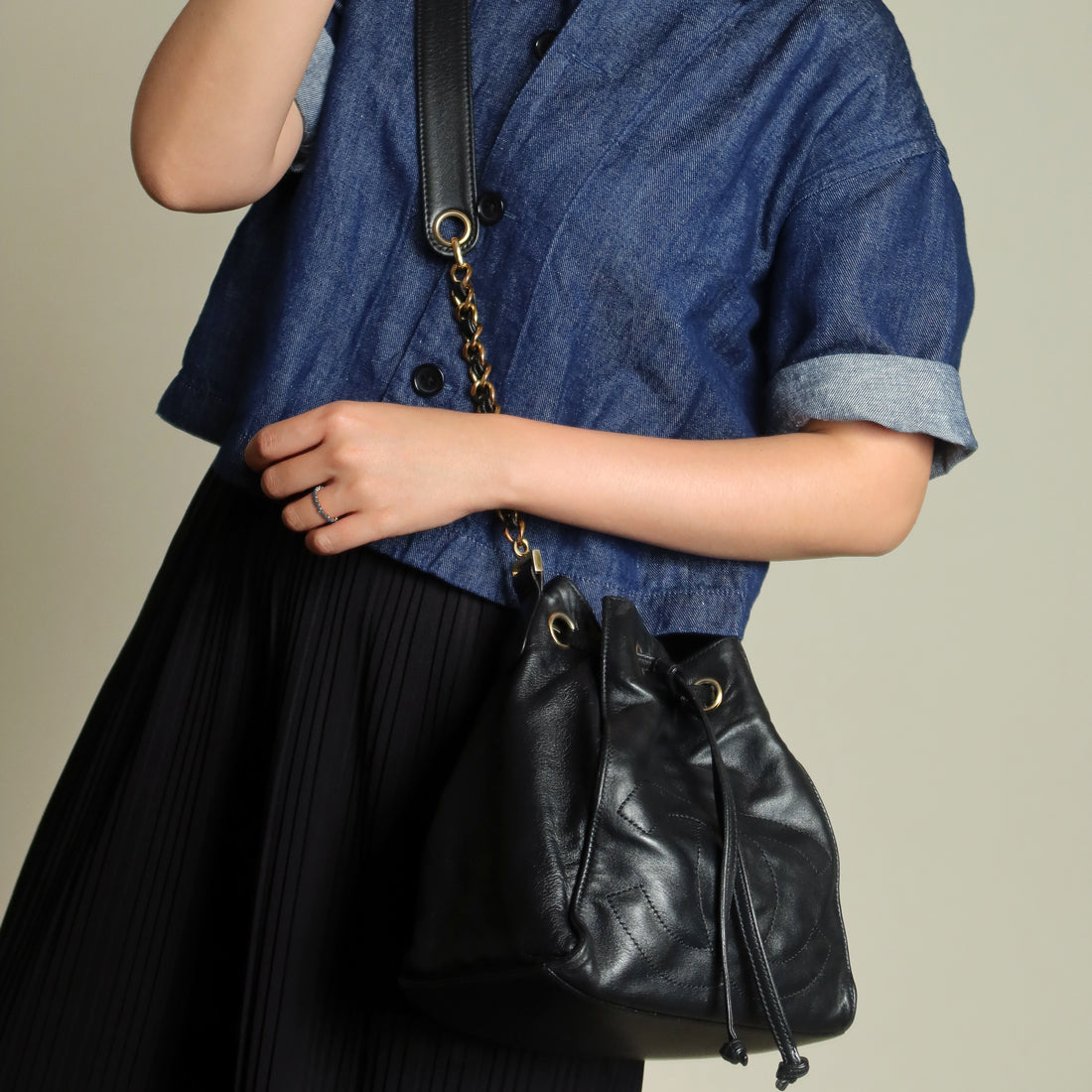 Chanel Vintage Black Lambskin Coco mark Crossbody Bucket Shoulder Bag