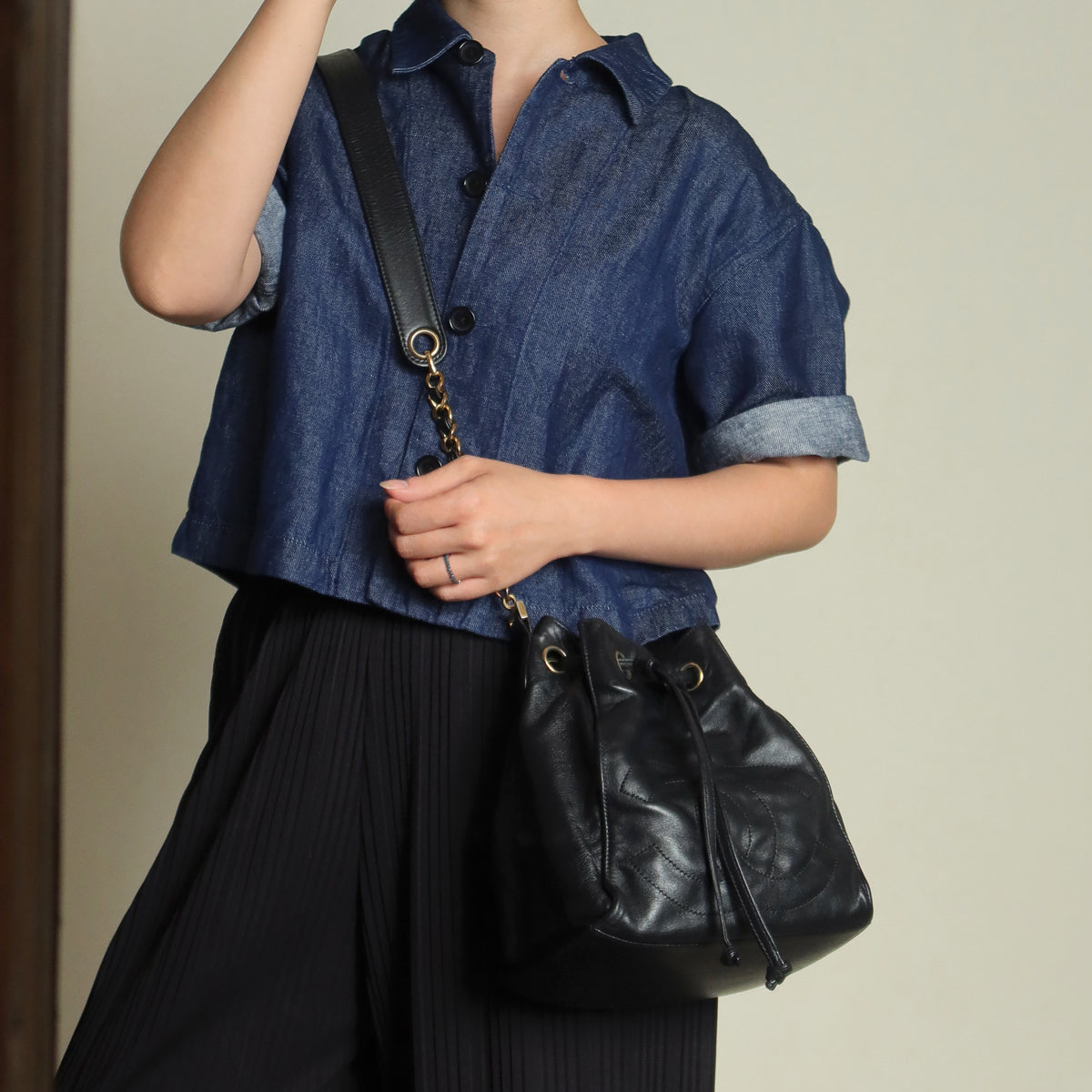 Chanel Vintage Black Lambskin Coco mark Crossbody Bucket Shoulder Bag