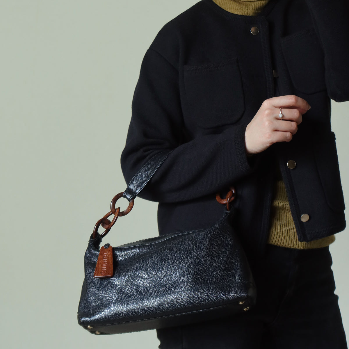 Chanel Vintage Black Caviar Leather Hobo Coco Mark Shoulder Bag
