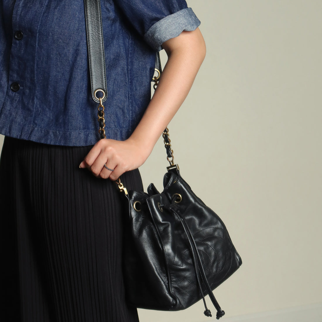 Chanel Vintage Black Lambskin Coco mark Crossbody Bucket Shoulder Bag