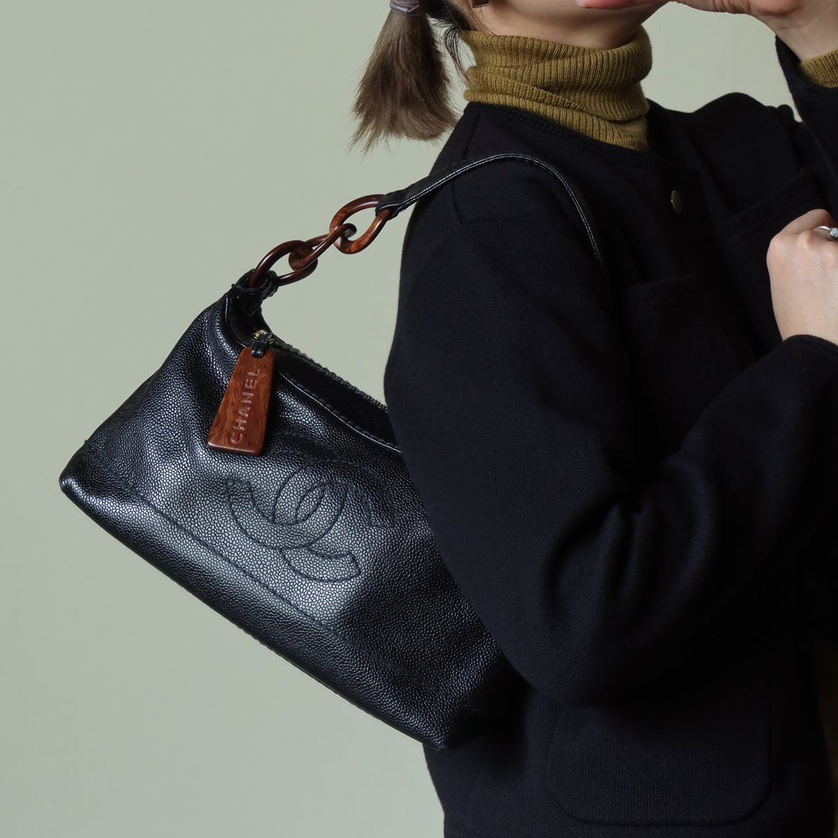 Chanel Vintage Black Caviar Leather Hobo Coco Mark Shoulder Bag