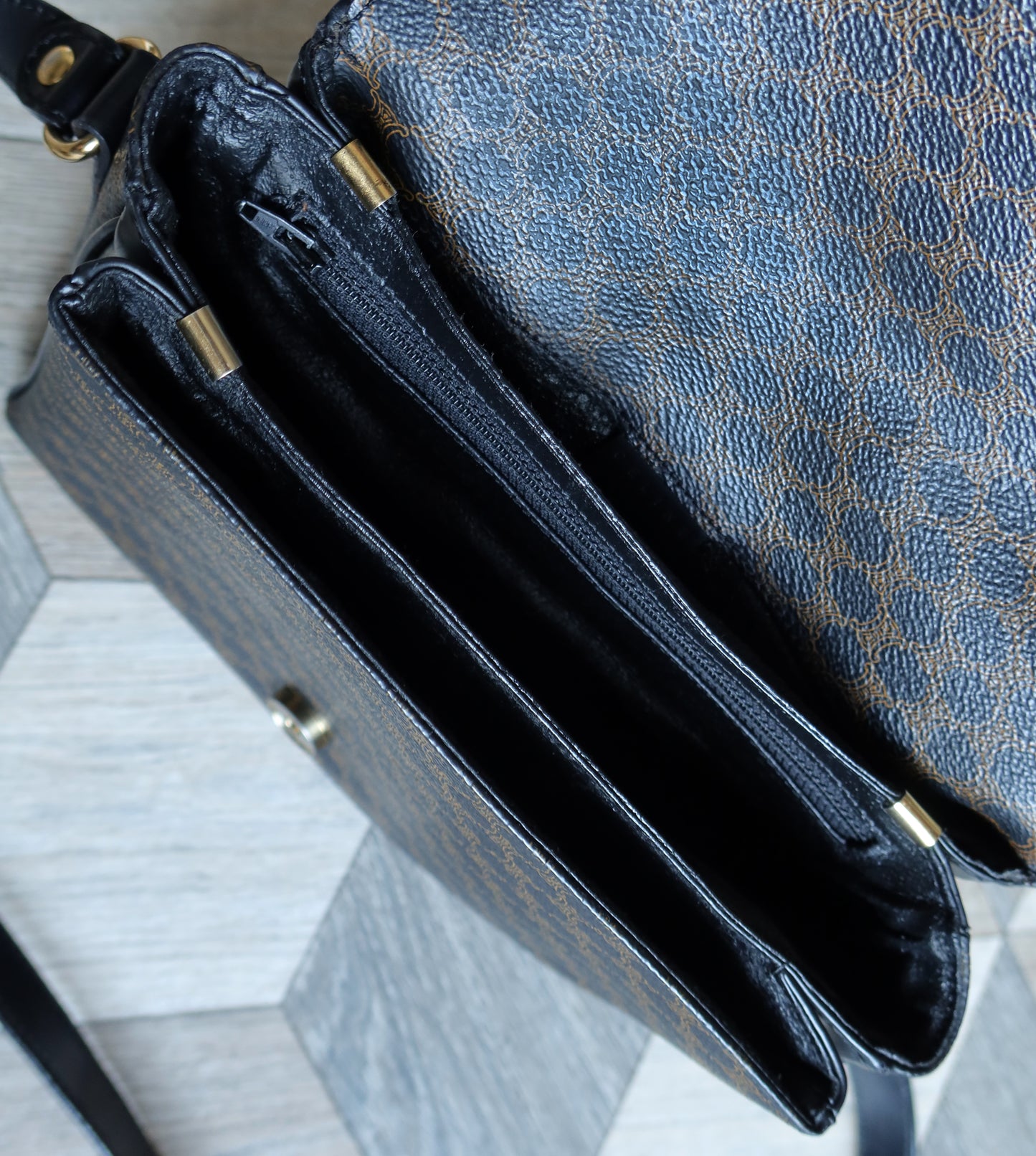Celine Vintage Black Macadam Triomphe 2way Shoulder Bag