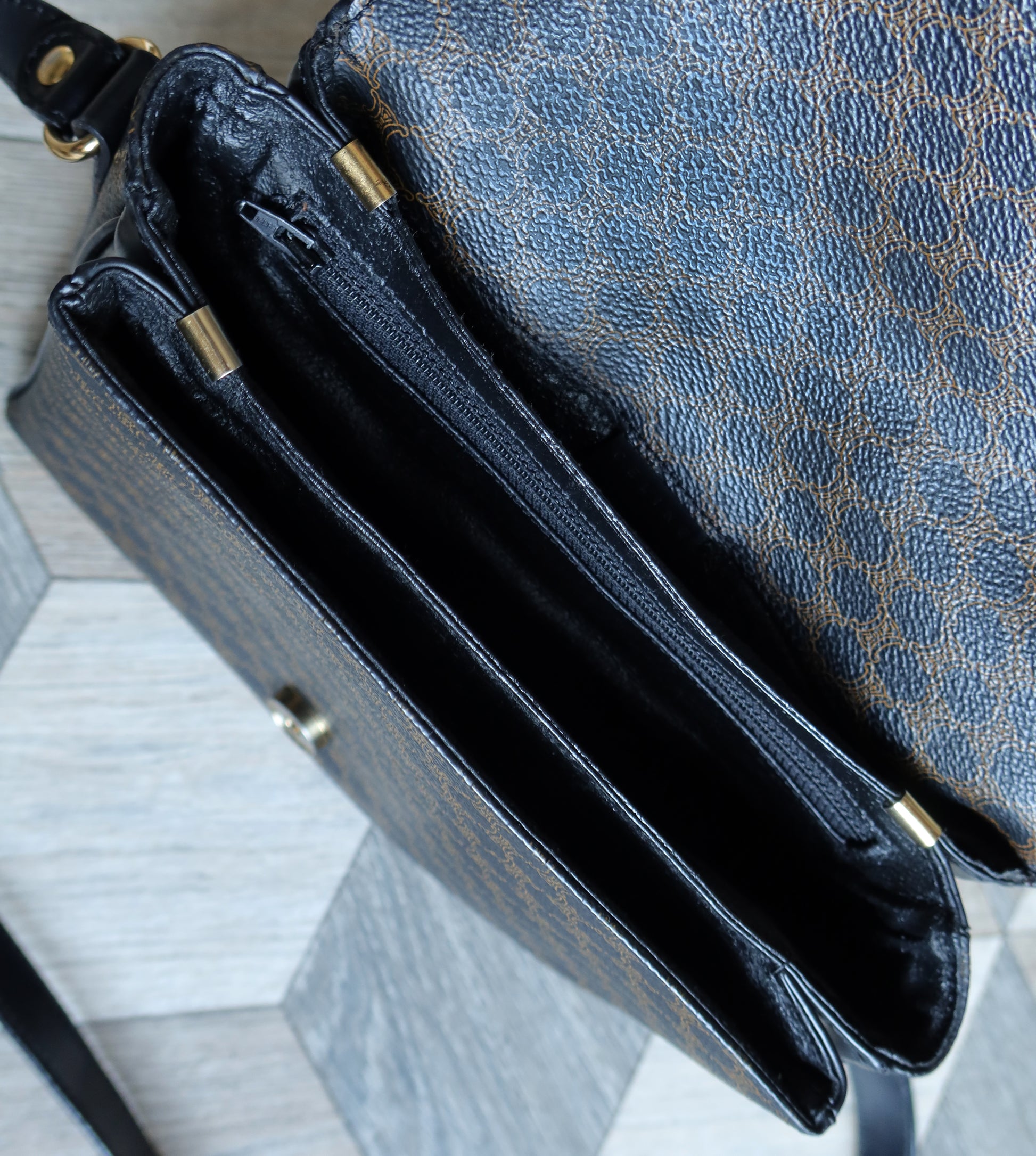 Celine Vintage Black Macadam Triomphe 2way Shoulder Bag