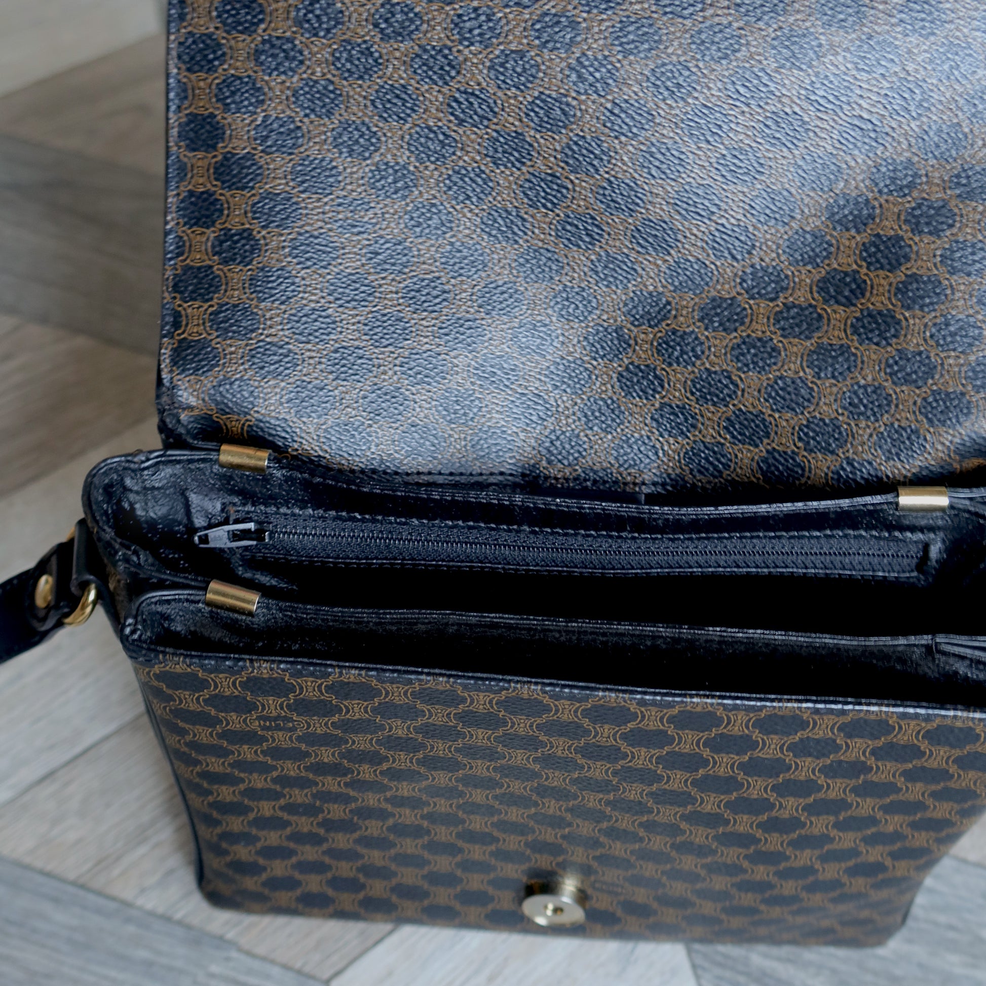 Celine Vintage Black Macadam Triomphe 2way Shoulder Bag