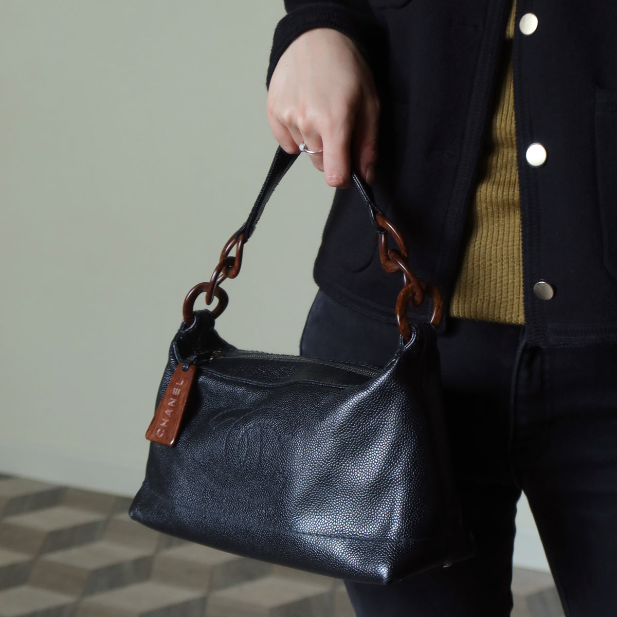 Chanel Vintage Black Caviar Leather Hobo Coco Mark Shoulder Bag