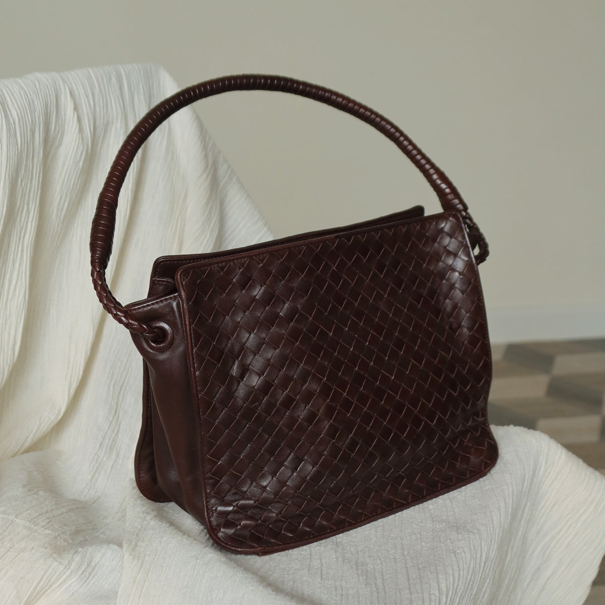 Bottega Veneta Vintage Brown Braided Knot Handle Intrecciato Shoulder Bag