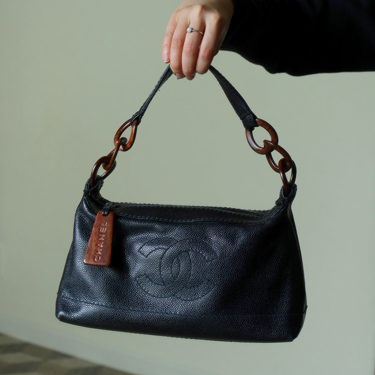 Chanel Vintage Black Caviar Leather Hobo Coco Mark Shoulder Bag