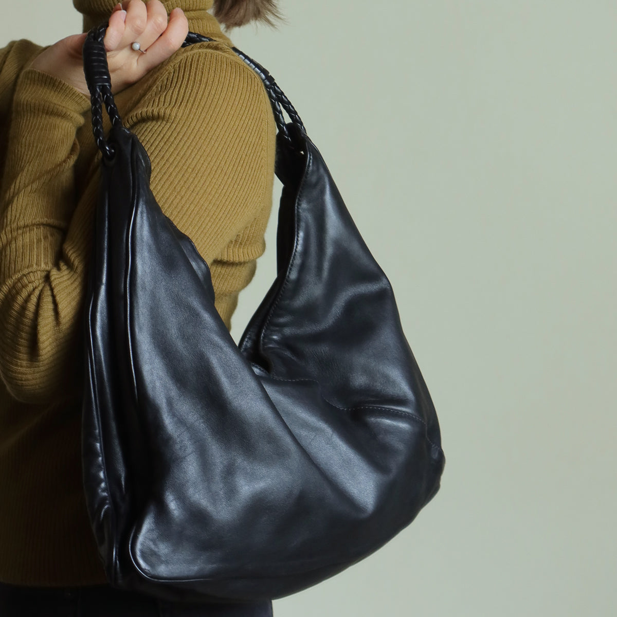 Bottega Veneta Vintage Black Leather Braided Strap Hobo Shoulder Bag