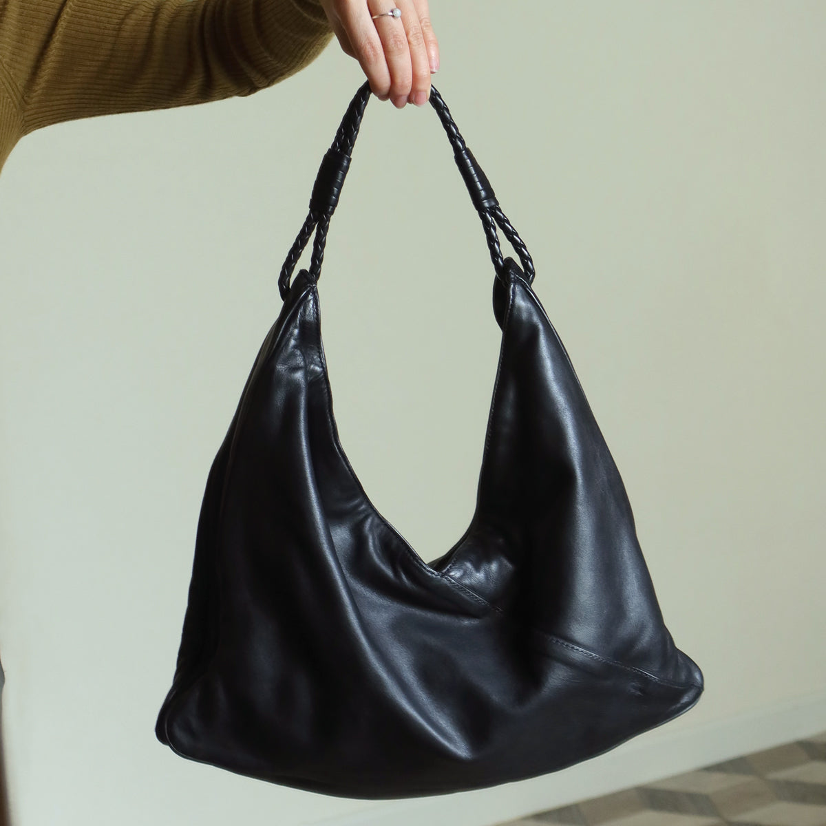Bottega Veneta Vintage Black Leather Braided Strap Hobo Shoulder Bag