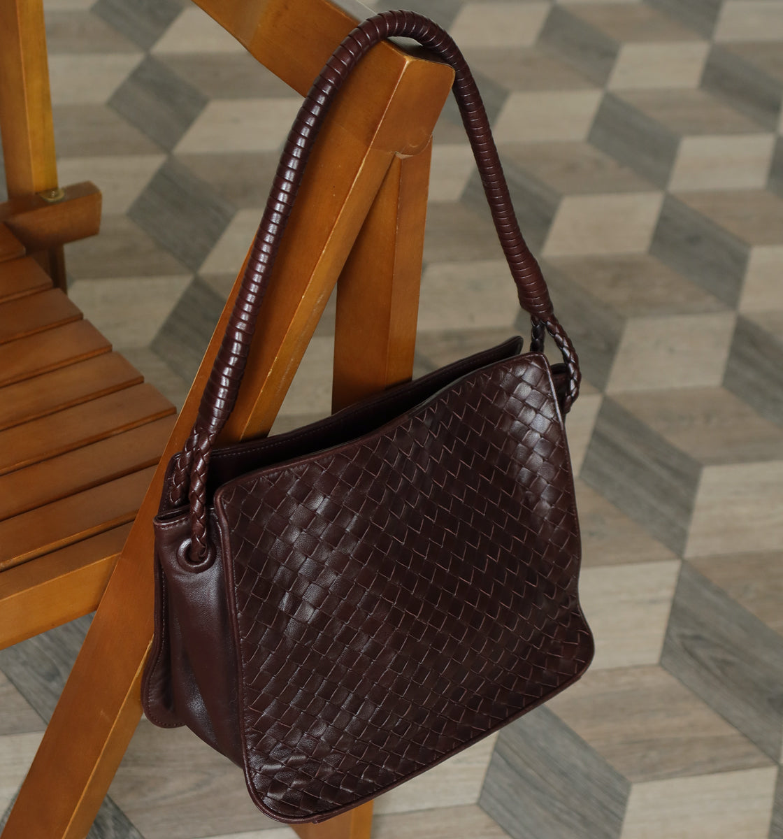 Bottega Veneta Vintage Brown Braided Knot Handle Intrecciato Shoulder Bag